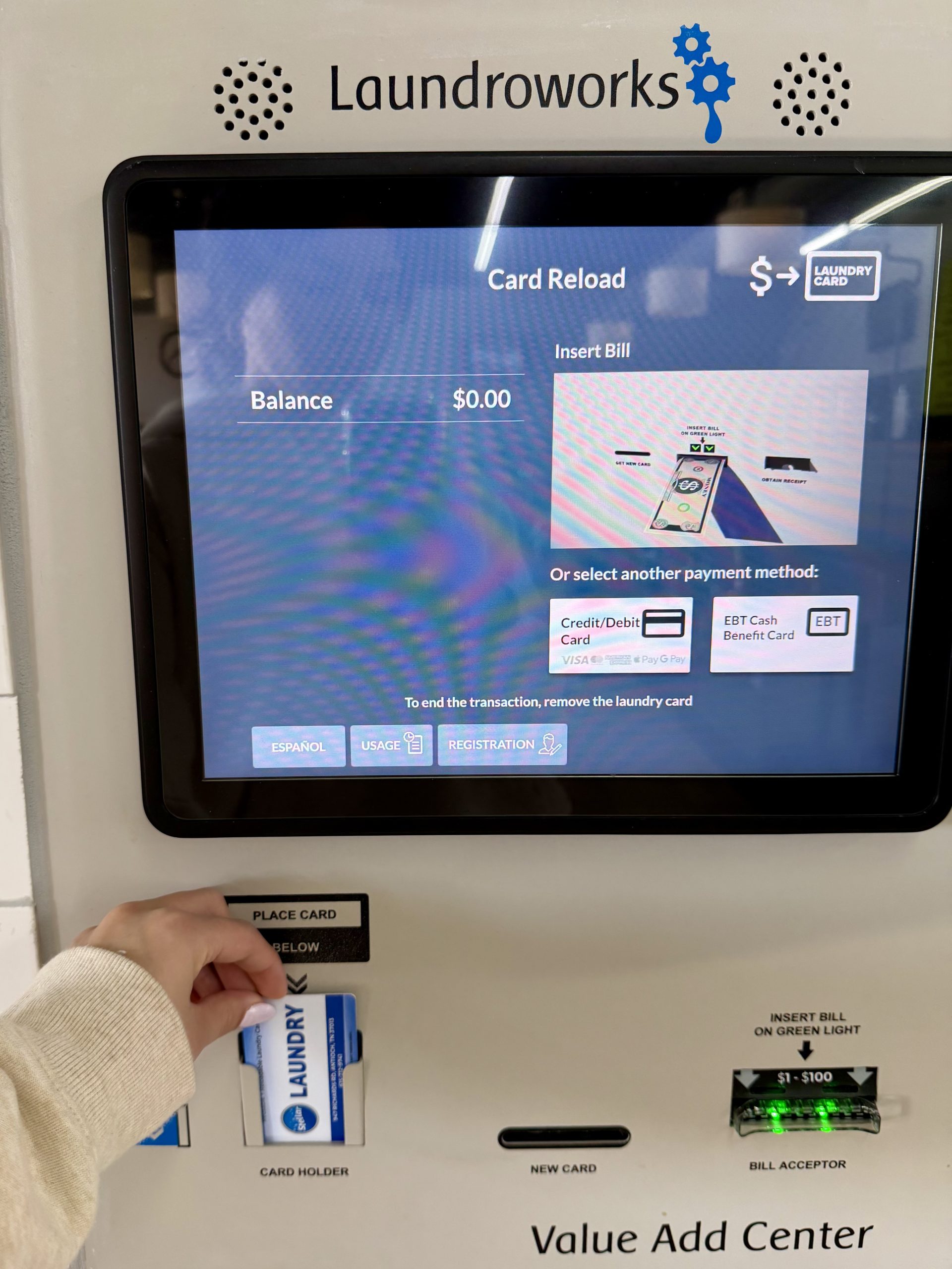 Laundroworks Value Add Center touchscreen kiosk at Stellar Laundry Antioch